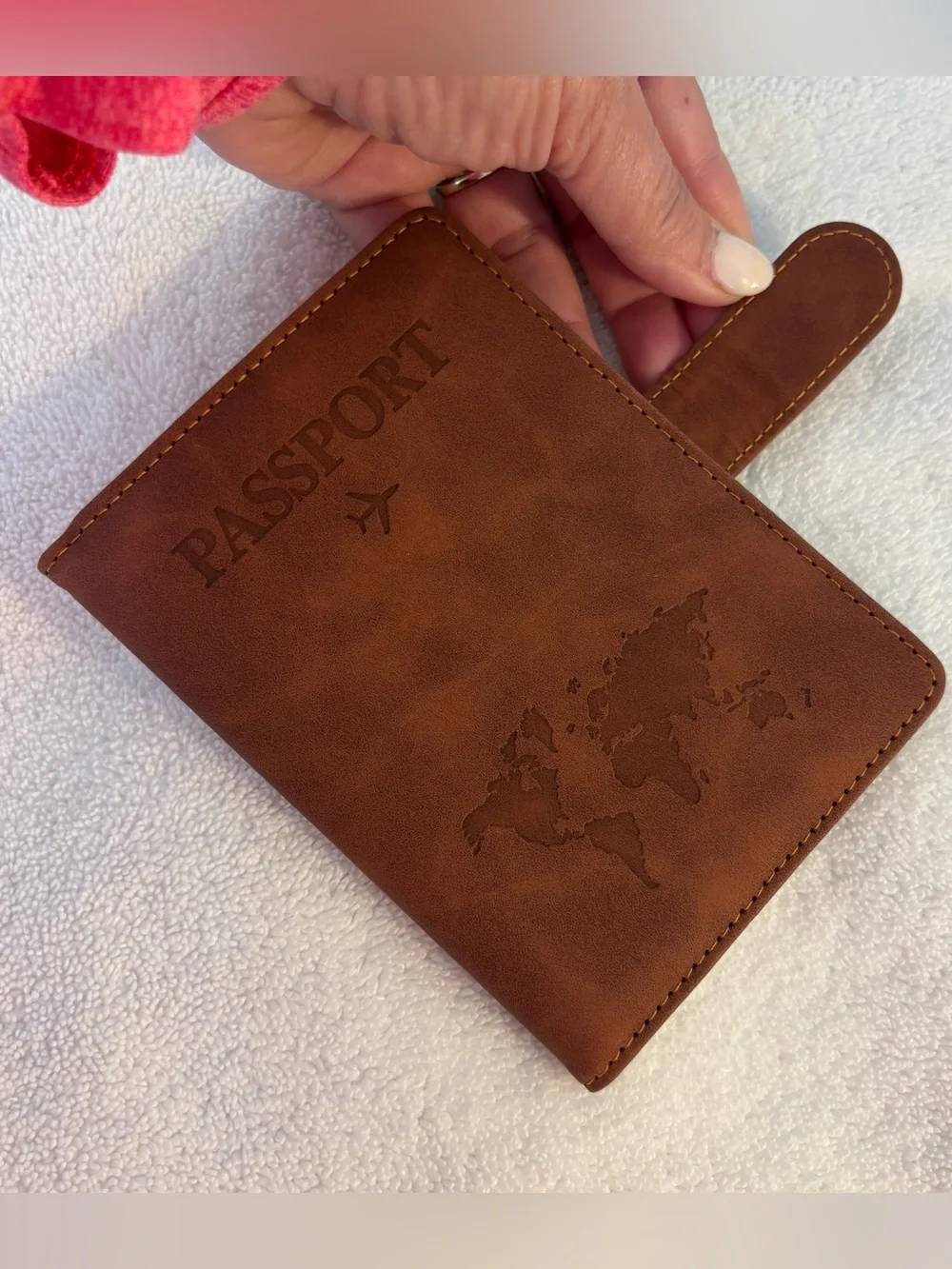 NEW Brown Vegan Leather Slim Passport Holder RFID Blocking Embossed 7 pocket